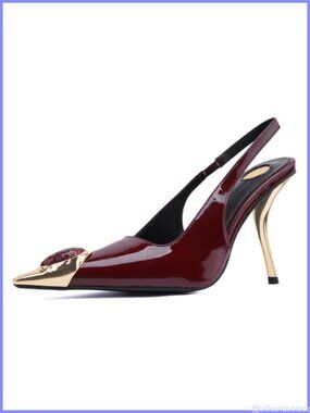 Rhinestone Pointed Toe Slingback Stiletto Heels Faux Patent Leather